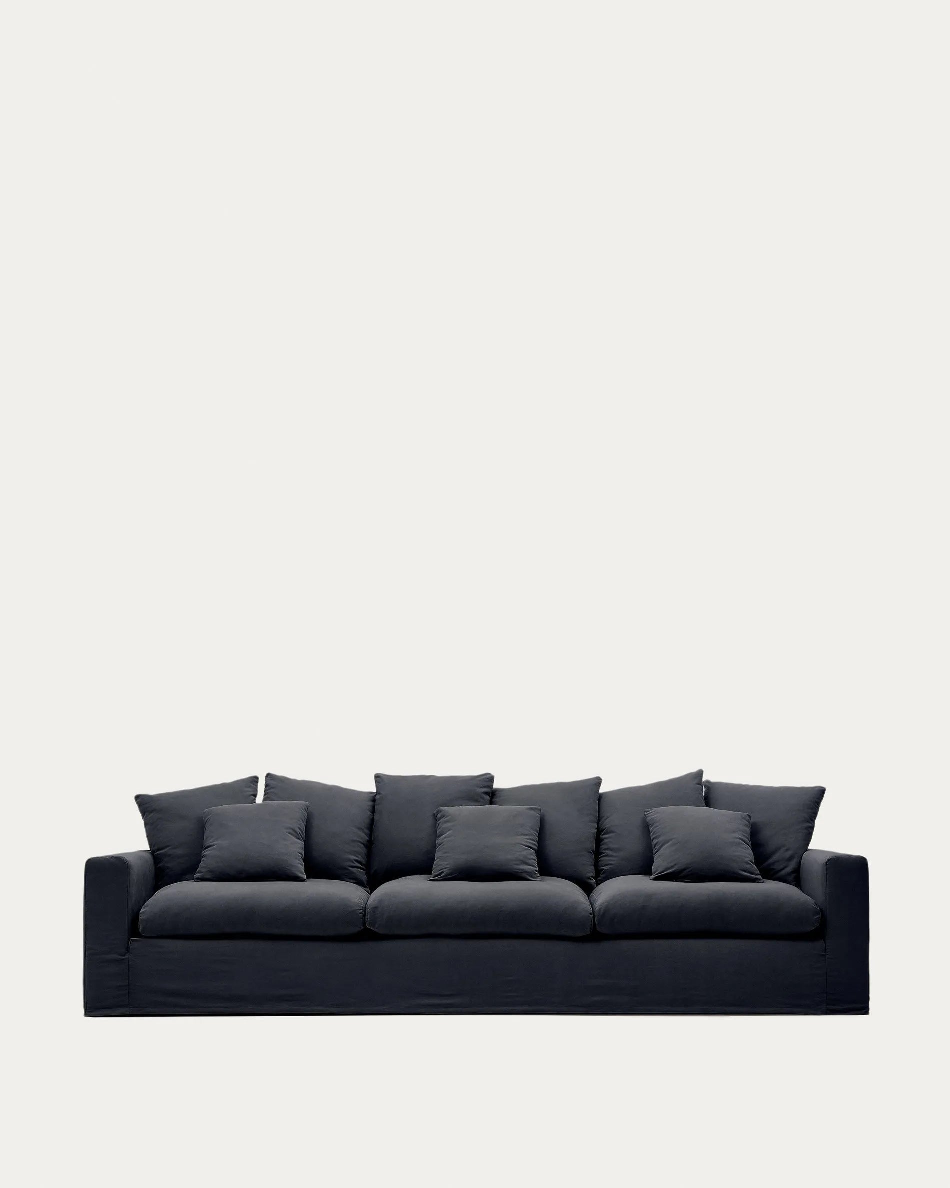 3D-Modell des eleganten Nora 4-Sitzer Sofas, 340 cm, anthrazitgraue Leinen-Baumwollbezüge, abziehbar, AR-kompatibel.