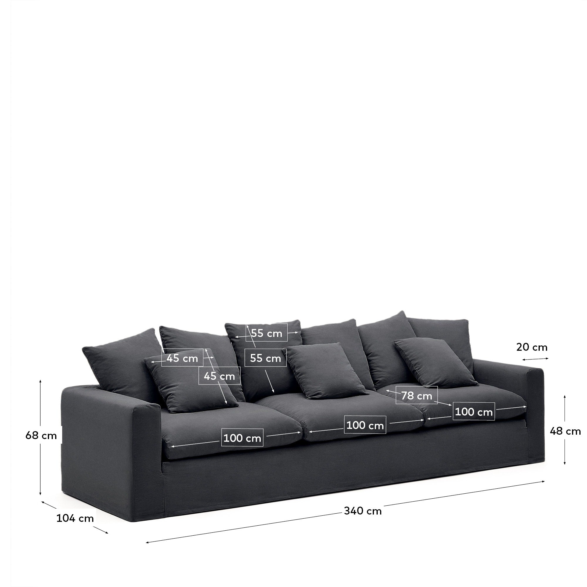 Nora 4 Sitzer Sofa mit abziehbaren Kissenbezügen aus Leinen und Baumwolle anthrazitgrau 340 cm in Graphit präsentiert im Onlineshop von KAQTU Design AG. 4er Sofa ist von Kave Home