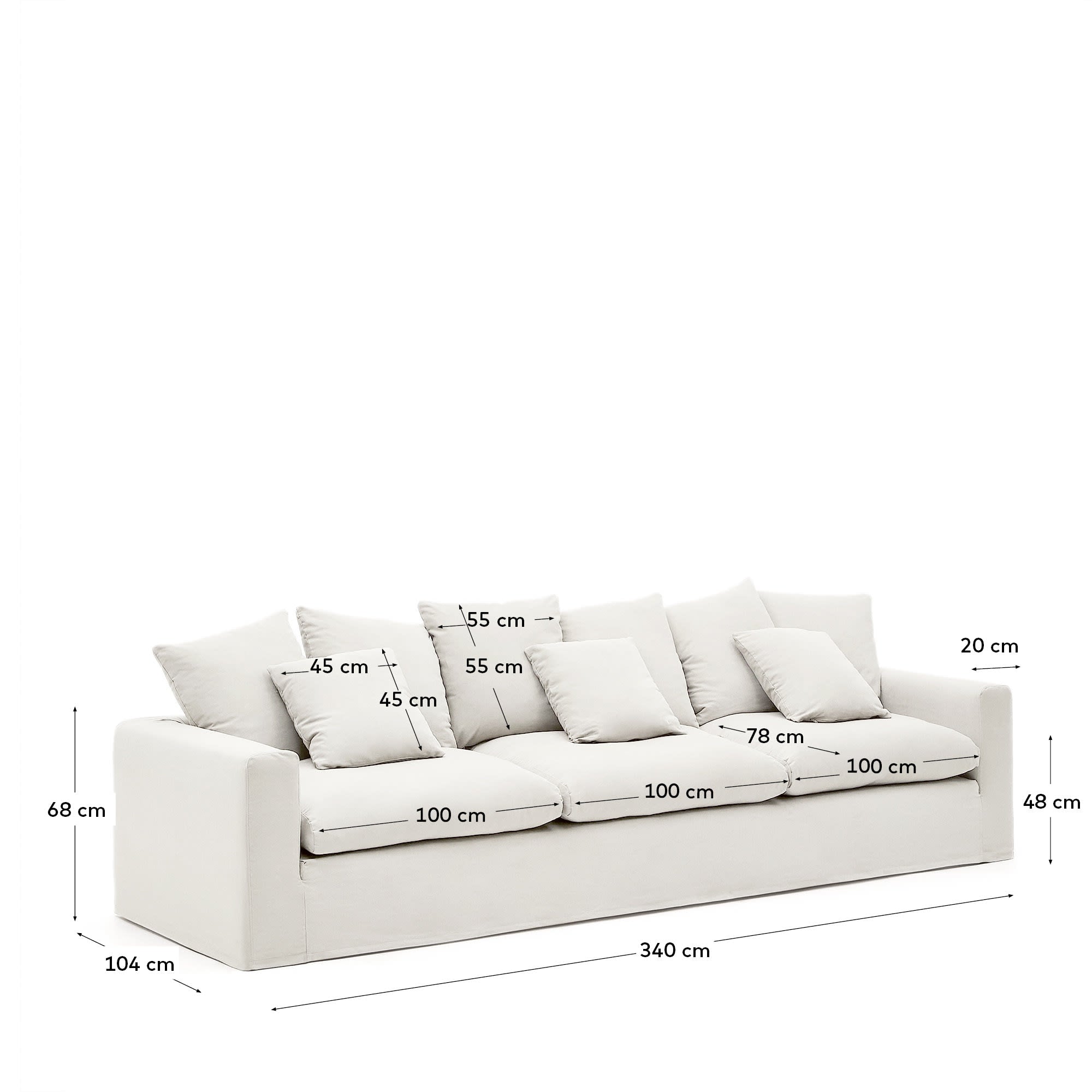 Nora 4 Sitzer Sofa mit abziehbaren Kissenbezügen aus Leinen und Baumwolle naturfarben 340 cm in Ecru präsentiert im Onlineshop von KAQTU Design AG. 4er Sofa ist von Kave Home