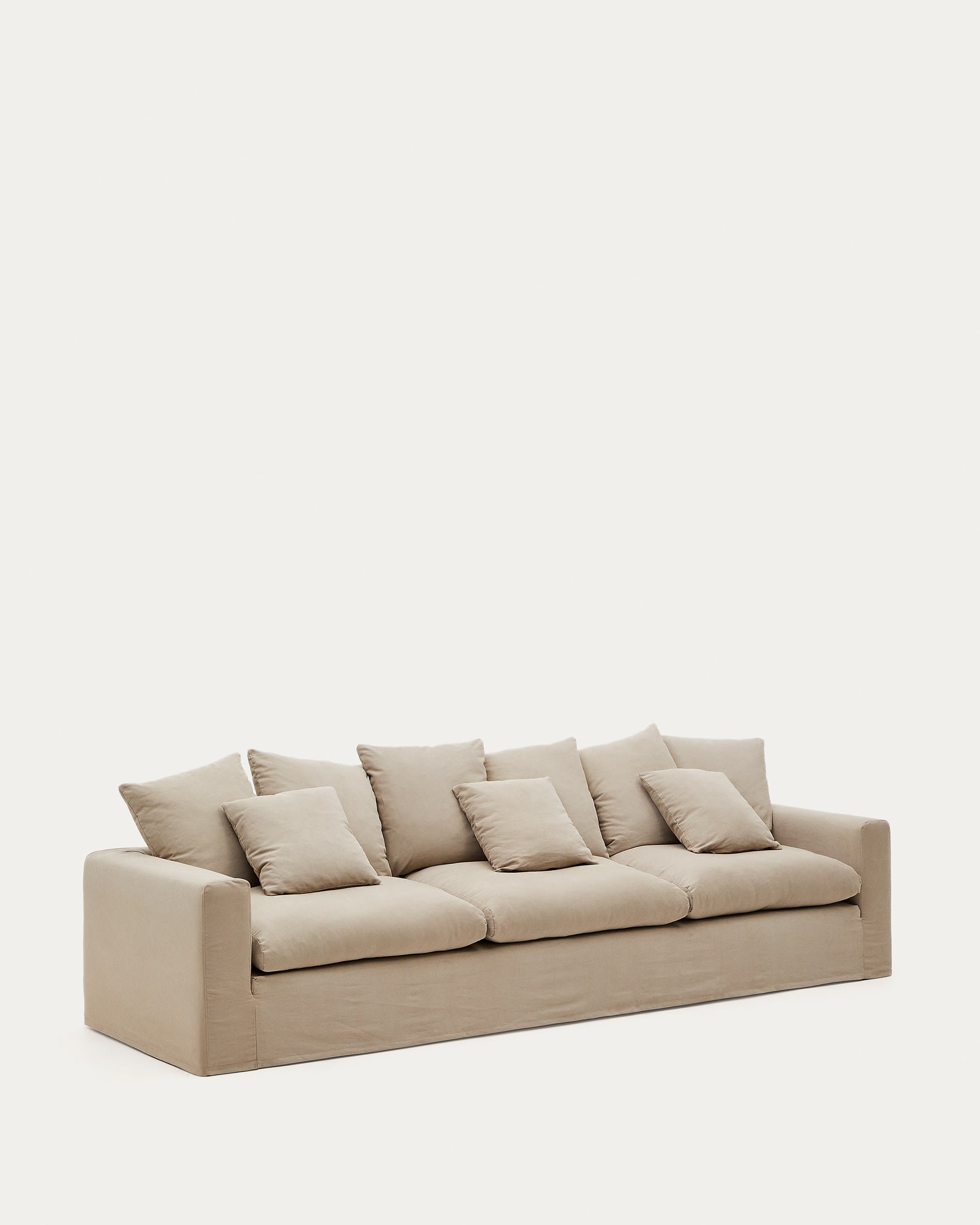 Nora 4 Sitzer Sofa mit abziehbaren Kissenbezügen aus Leinen und Baumwolle taupe 340 cm in Beige präsentiert im Onlineshop von KAQTU Design AG. 4er Sofa ist von Kave Home