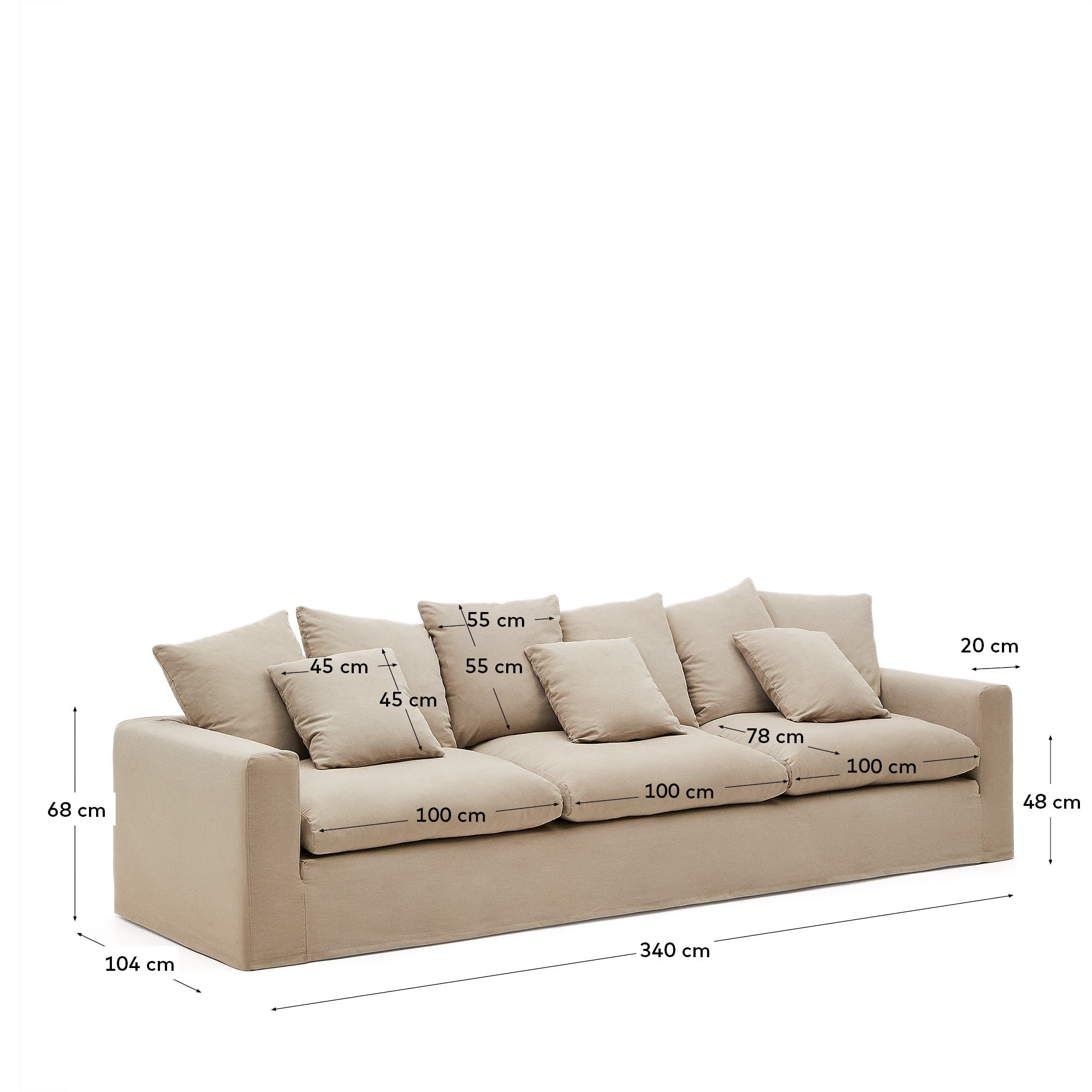 Nora 4 Sitzer Sofa mit abziehbaren Kissenbezügen aus Leinen und Baumwolle taupe 340 cm in Beige präsentiert im Onlineshop von KAQTU Design AG. 4er Sofa ist von Kave Home