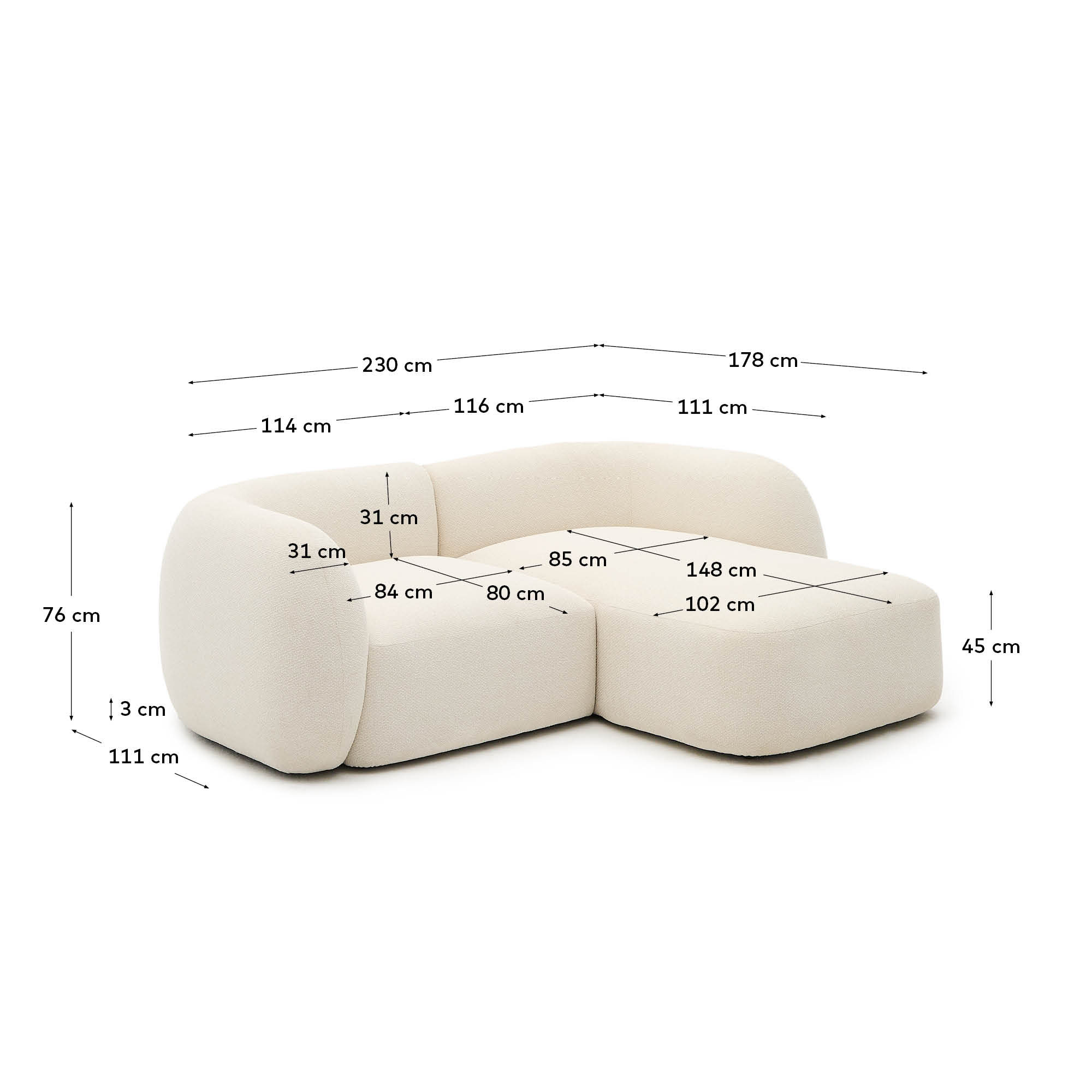 Martina modulares 2-Sitzer-Sofa in Chenille mit Chaiselongue rechts Farbe Ecru 230 cm in Ecru präsentiert im Onlineshop von KAQTU Design AG. 2er Sofa ist von Kave Home