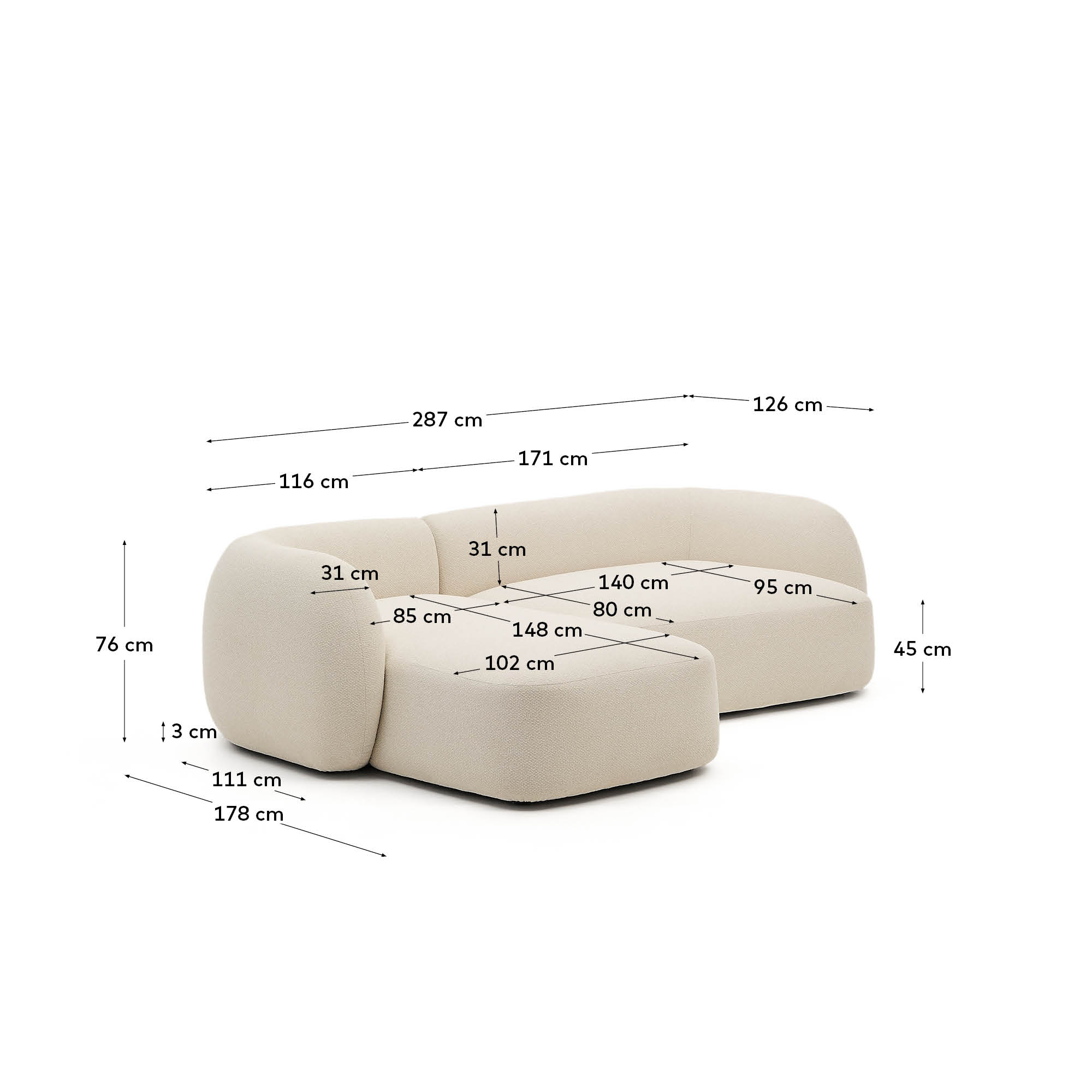 Martina modulares 3-Sitzer-Sofa in Chenille mit Chaiselongue links Écru 287 cm in Ecru präsentiert im Onlineshop von KAQTU Design AG. 3er Sofa ist von Kave Home