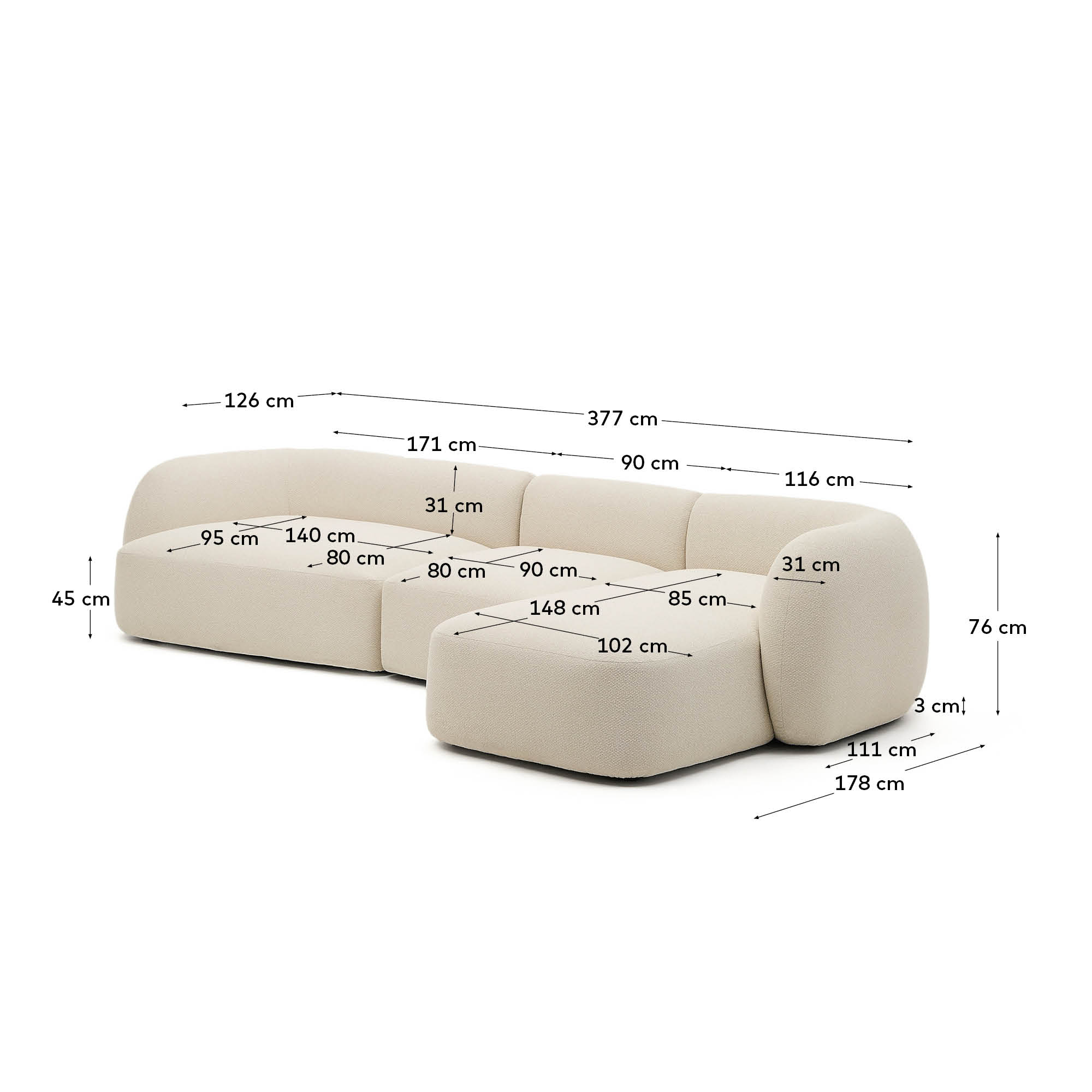 Martina modulares 4-Sitzer-Sofa in Chenille mit Chaiselongue rechts Farbe Ecru 377 cm in Ecru präsentiert im Onlineshop von KAQTU Design AG. 4er Sofa ist von Kave Home