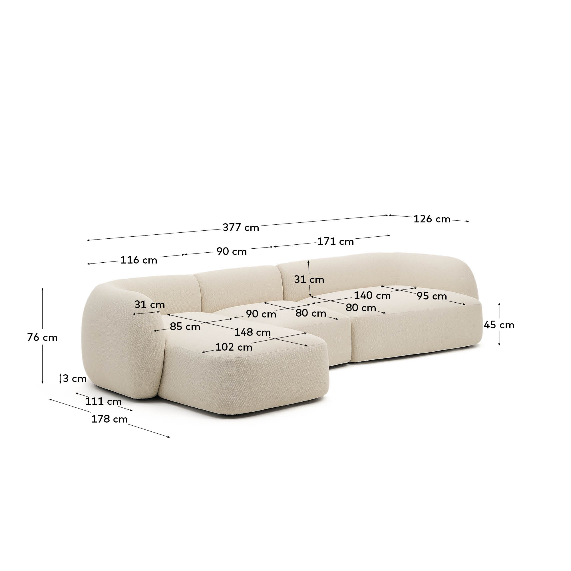 Martina modulares 4-Sitzer-Sofa in Chenille mit Chaiselongue links in Ecru 377 cm in Ecru präsentiert im Onlineshop von KAQTU Design AG. 4er Sofa ist von Kave Home