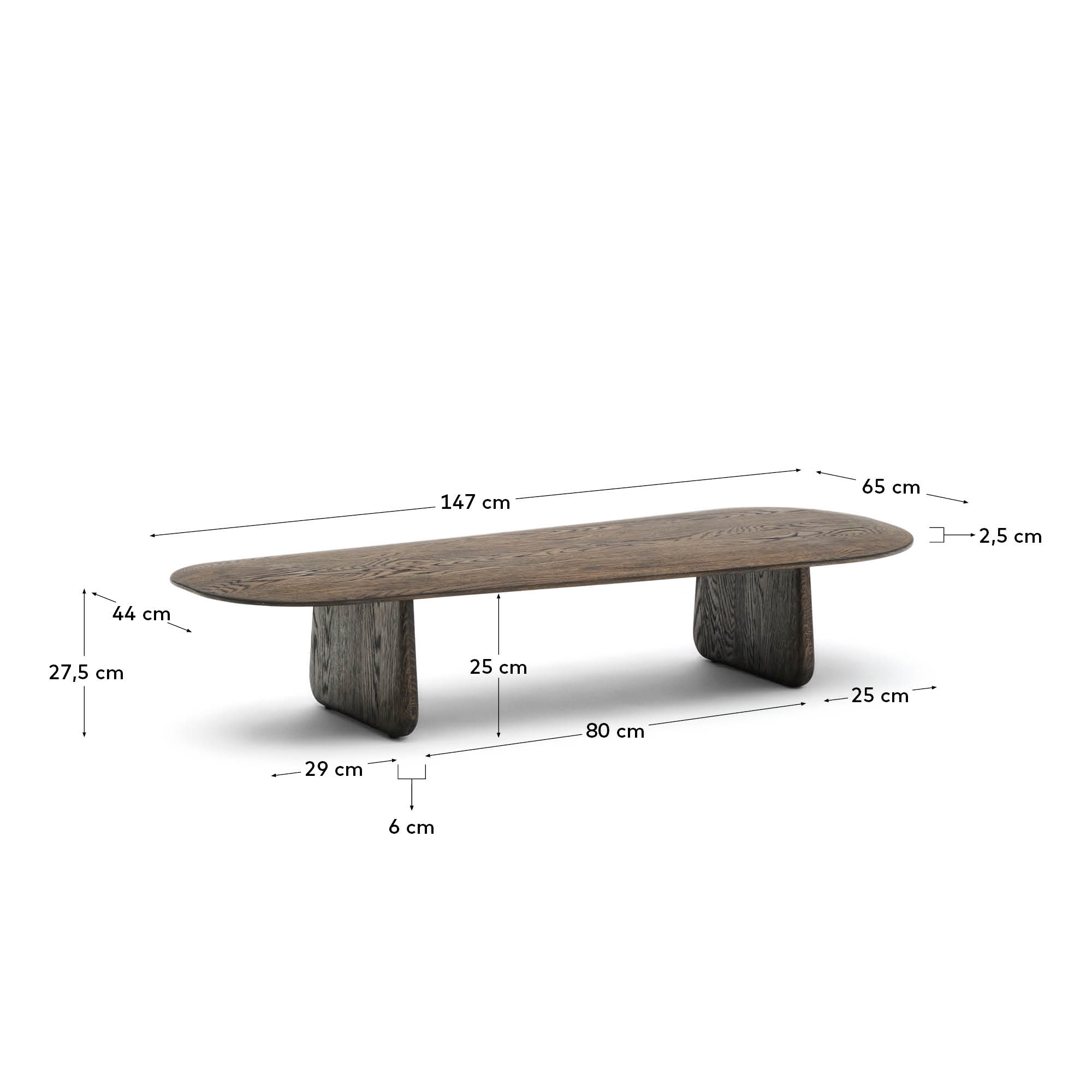 Couchtisch Pirita aus massiver Eiche mit dunklem Finish 146 x 56,5 cm FSC 100% in Dunkelbraun präsentiert im Onlineshop von KAQTU Design AG. Beistelltisch ist von Kave Home