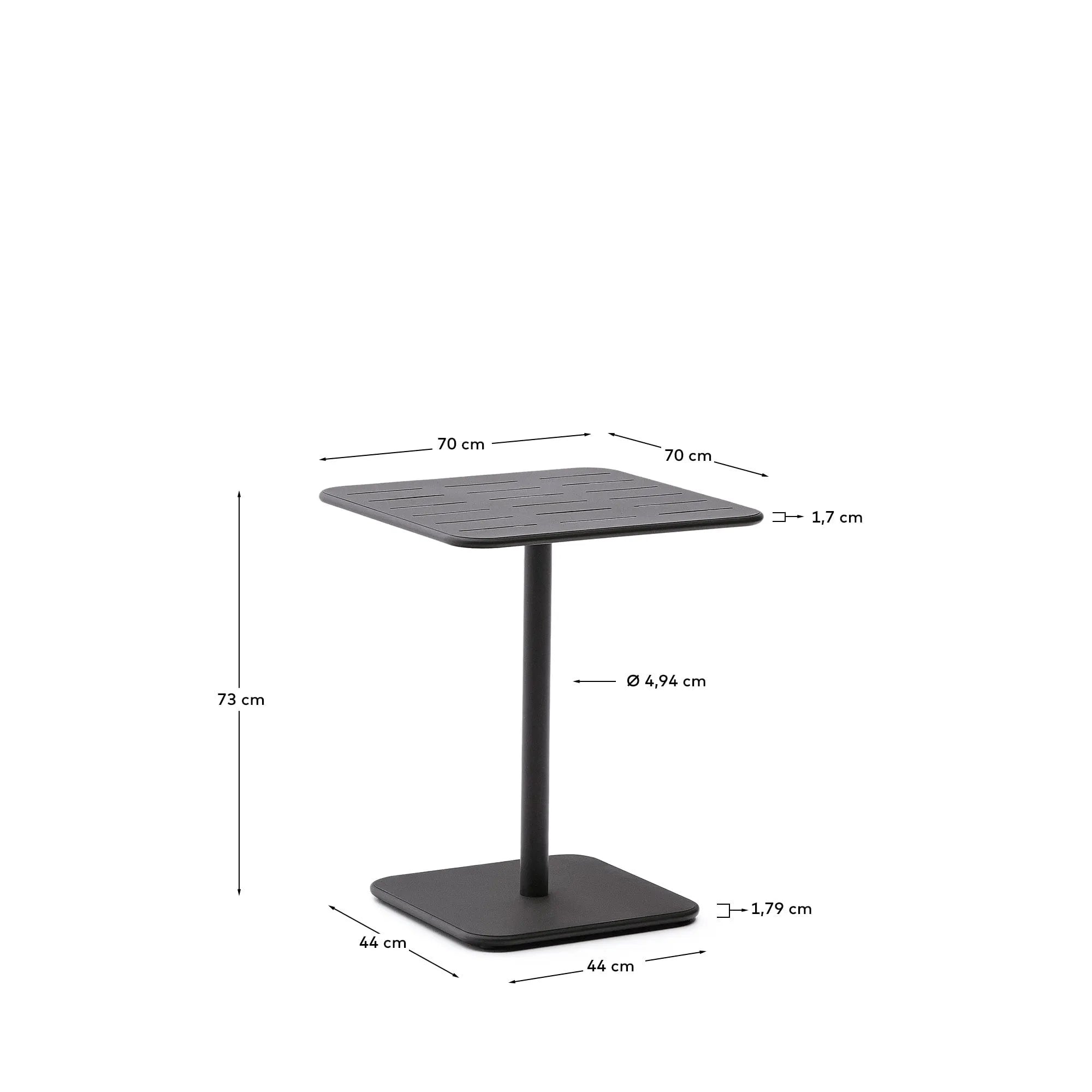 Eleganter Outdoor-Tisch aus dunkelgrauem Stahl, 70x70 cm, ideal für kleine Terrassen. Wetterfest und stilvoll.