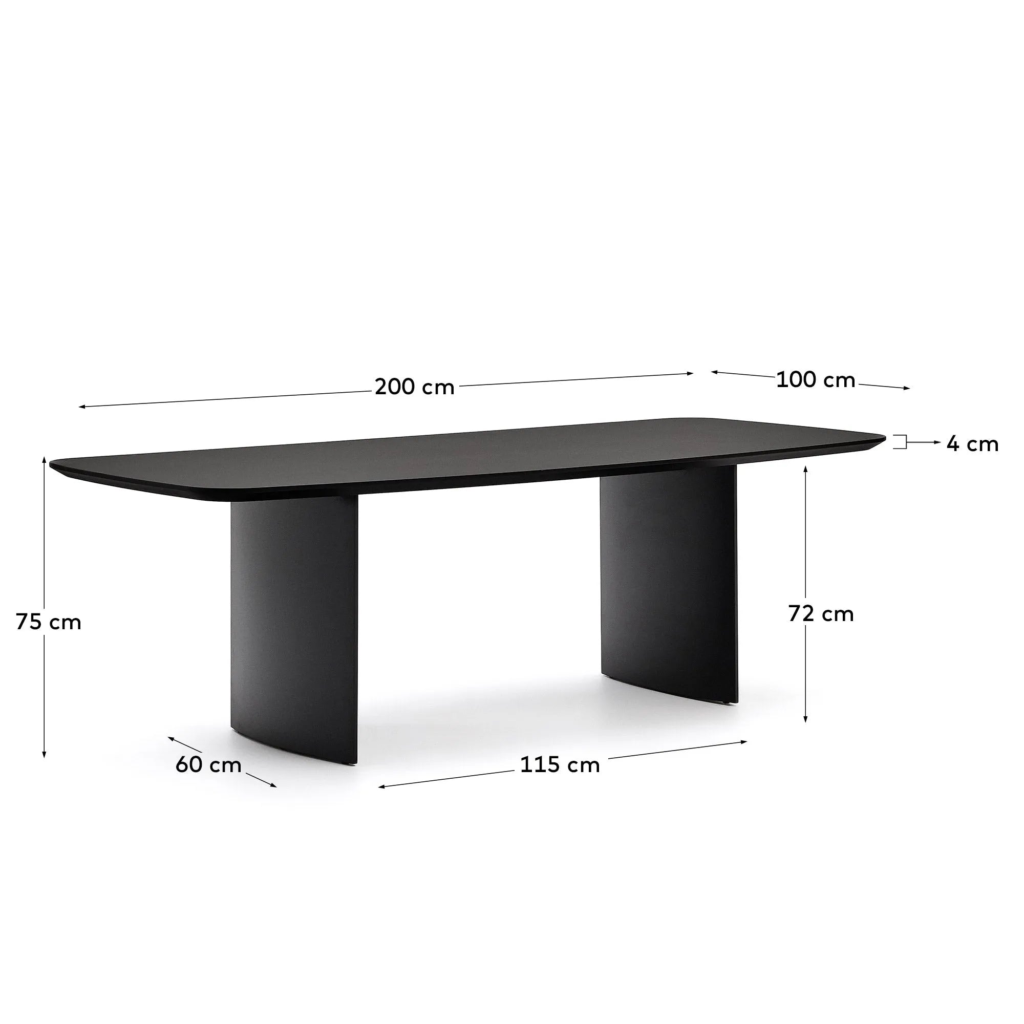 Eleganter schwarzer Tisch aus MDF, 200x100 cm, mit Massivholzelementen für Stabilität und zeitloses Design.