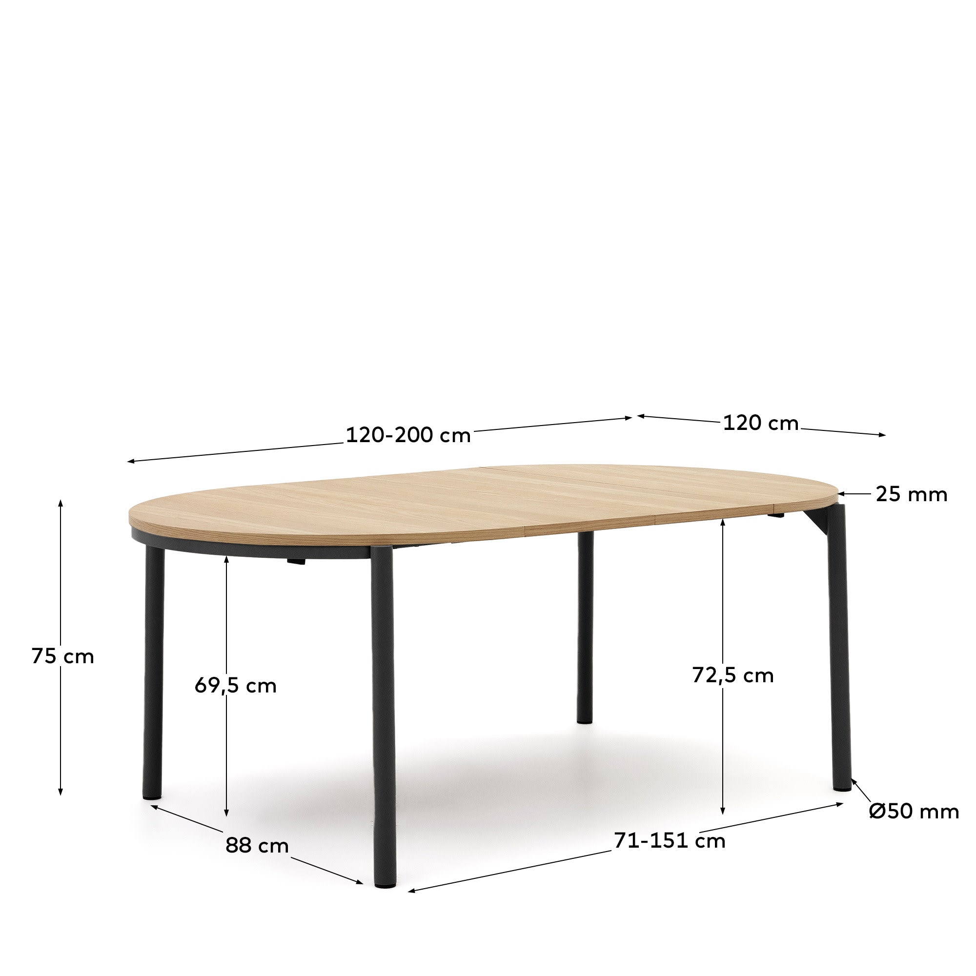 Montuiri runder Ausziehtisch Eichenfurnier Stahlbeine mit schwarzem Finish Ø 120 (200) cm in Braun präsentiert im Onlineshop von KAQTU Design AG. Esstisch ist von Kave Home