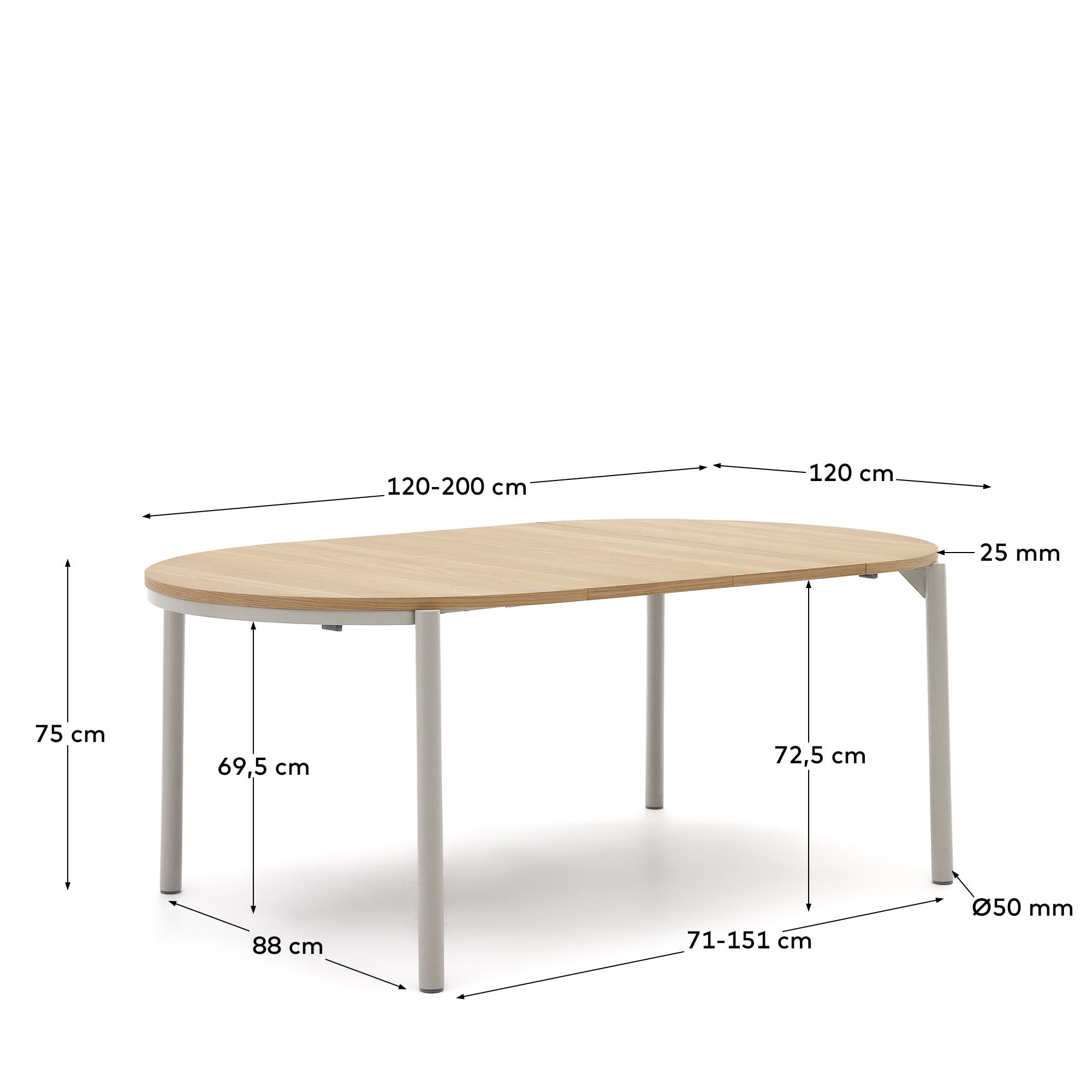 Montuiri runder Ausziehtisch Eichenfurnier Stahlbeine mit grauem Finish Ø 120 (200) cm in Braun präsentiert im Onlineshop von KAQTU Design AG. Esstisch ist von Kave Home