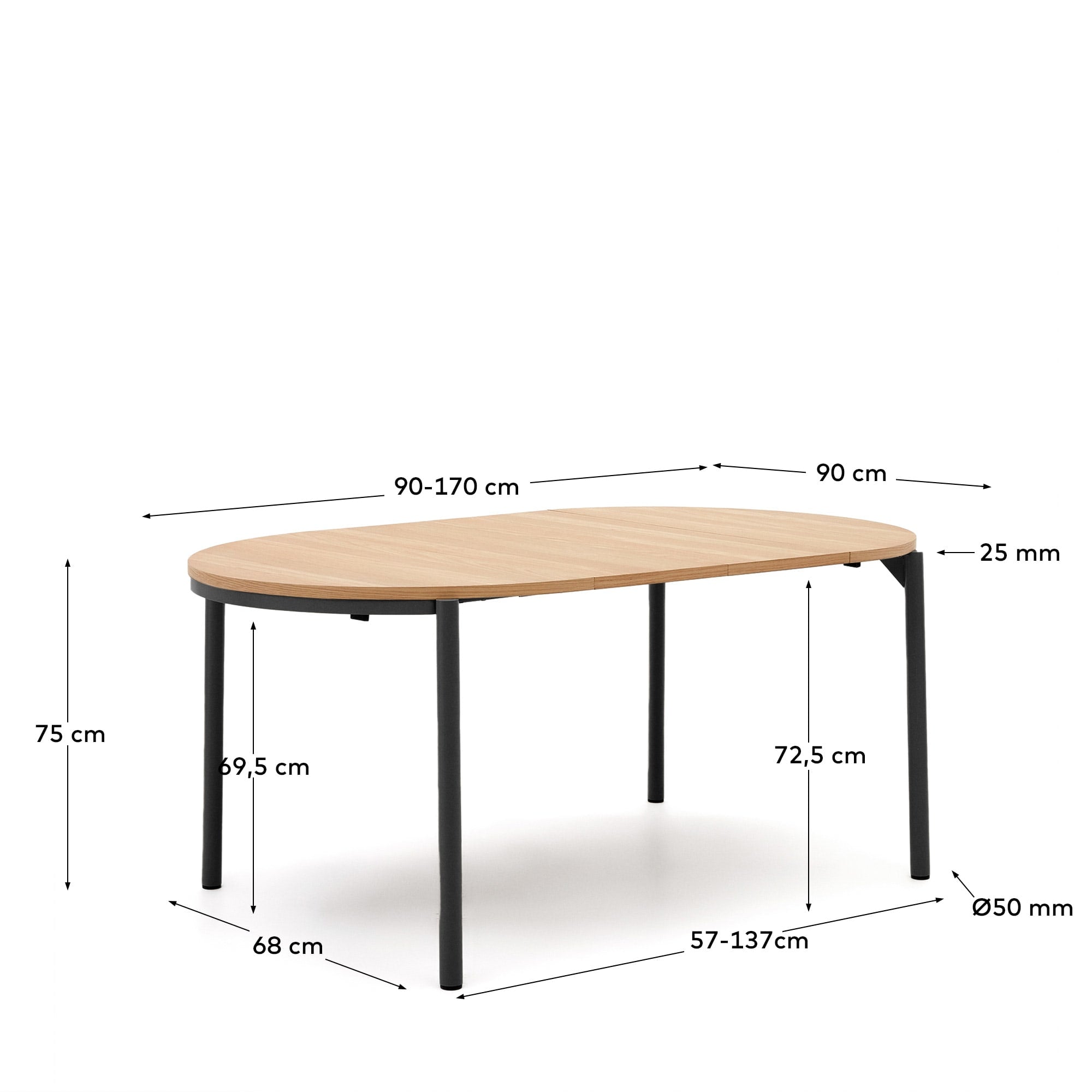 Montuiri Ausziehtisch rund Eichenfurnier und Stahlbeine schwarzes Finish Ø90(170) cm in Mehrfarbig präsentiert im Onlineshop von KAQTU Design AG. Esstisch ist von Kave Home