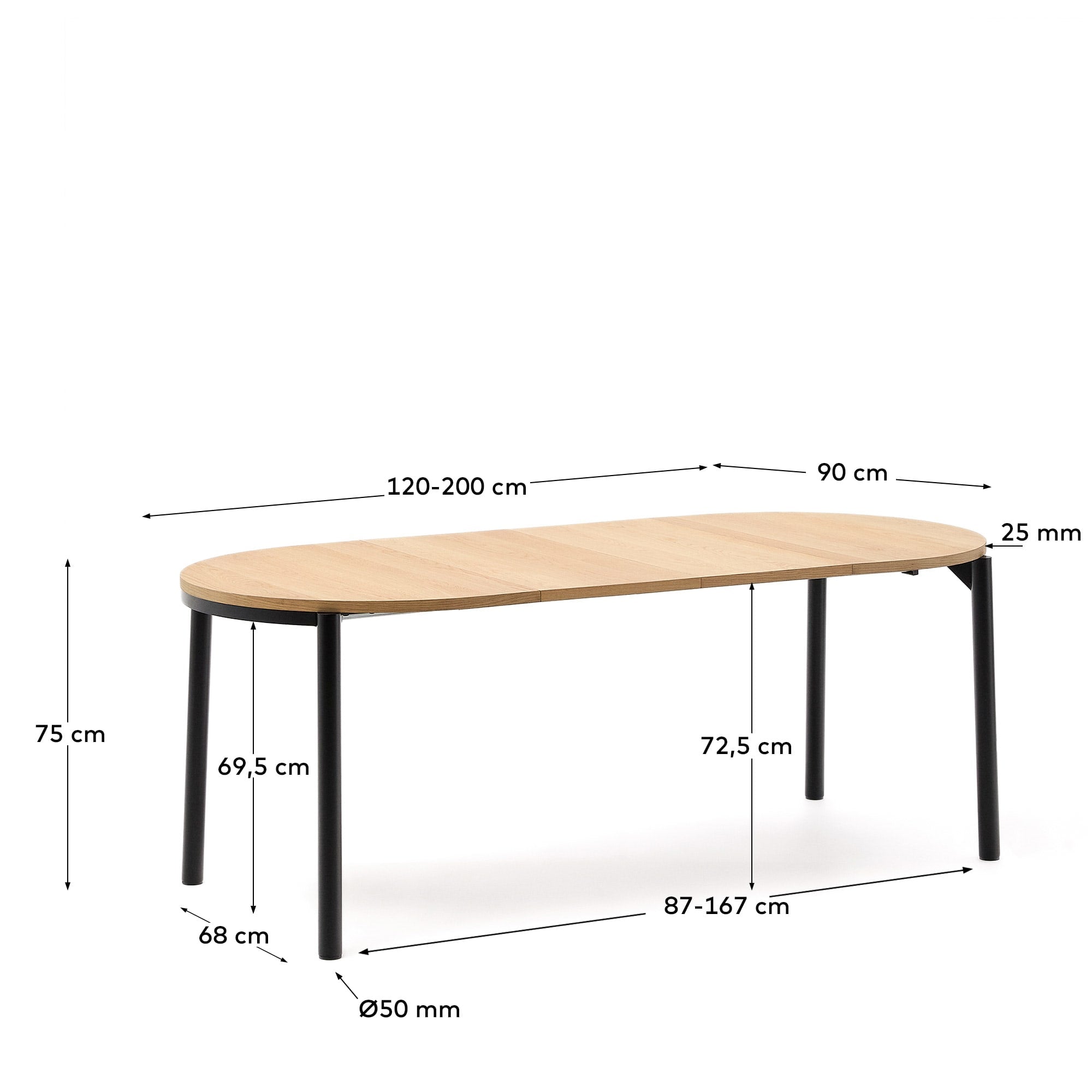 Montuiri Ausziehtisch Eichenfurnier und Stahlbeine schwarzes Finish  Ø120(200) x 90 cm in Mehrfarbig präsentiert im Onlineshop von KAQTU Design AG. Esstisch ist von Kave Home