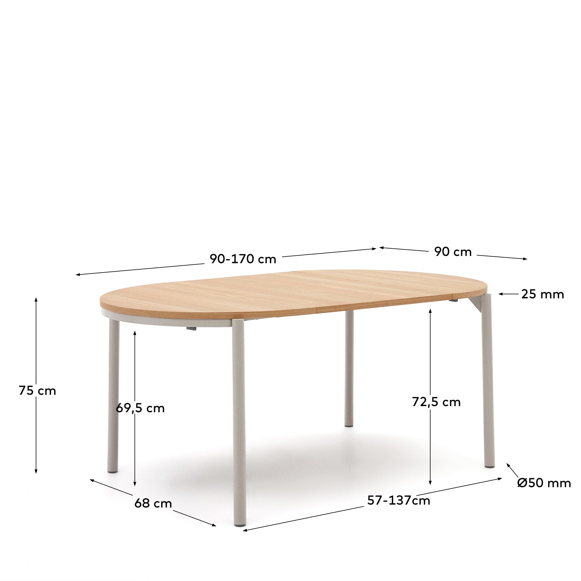 Montuiri Ausziehtisch rund Eichenfurnier und Stahlbeine graues Finish  Ø90(170) cm in Mehrfarbig präsentiert im Onlineshop von KAQTU Design AG. Esstisch ist von Kave Home