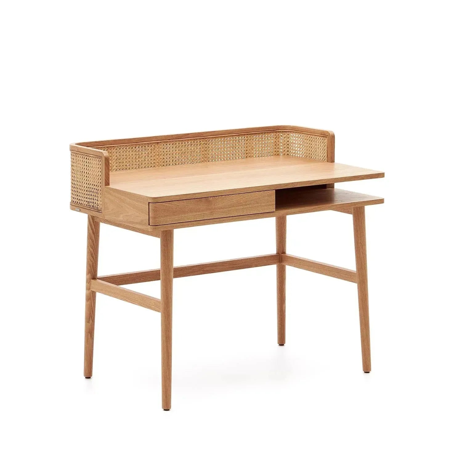 Eleganter Araxi Tisch aus Eschenfurnier, massiver Esche & Rattan, 105x62 cm. Perfekt für stilvolle Home Offices.