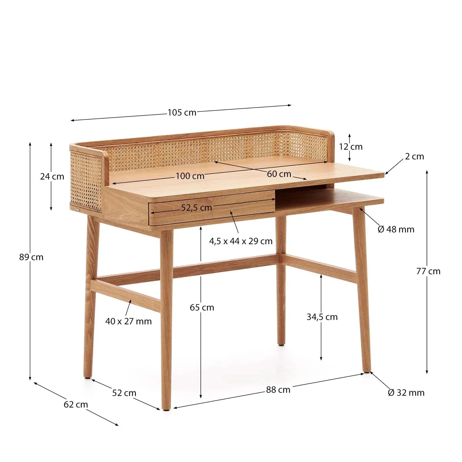 Araxi Tisch aus Eschenfurnier und massiver Esche und Rattan 105 x 62 cm in Natur präsentiert im Onlineshop von KAQTU Design AG. Schreibtisch ist von Kave Home