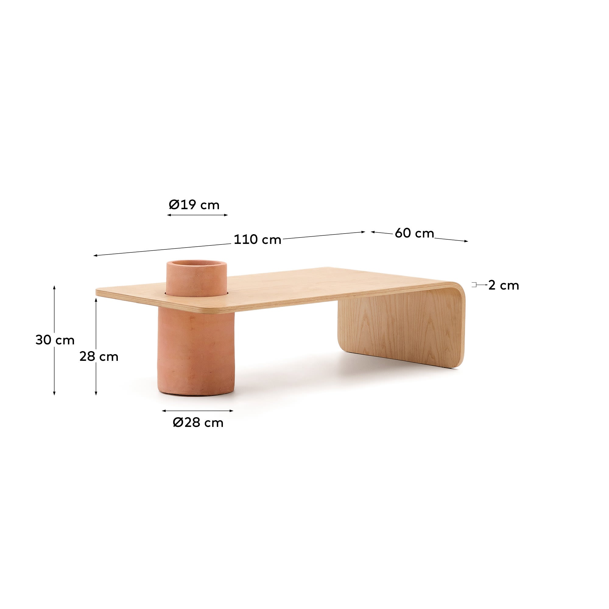 Couchtisch Olaria aus Terrakotta und Eichenfurnier mit naturfarbenem Finish 110 x 60 cm in Braun präsentiert im Onlineshop von KAQTU Design AG. Beistelltisch ist von Kave Home