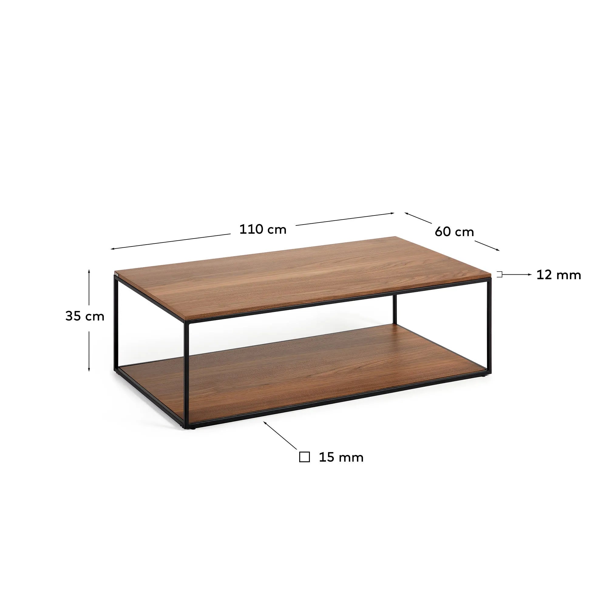 Eleganter Couchtisch mit warmem Nussholzfurnier und modernem Metallgestell, ideal für stilvolle Wohnräume.