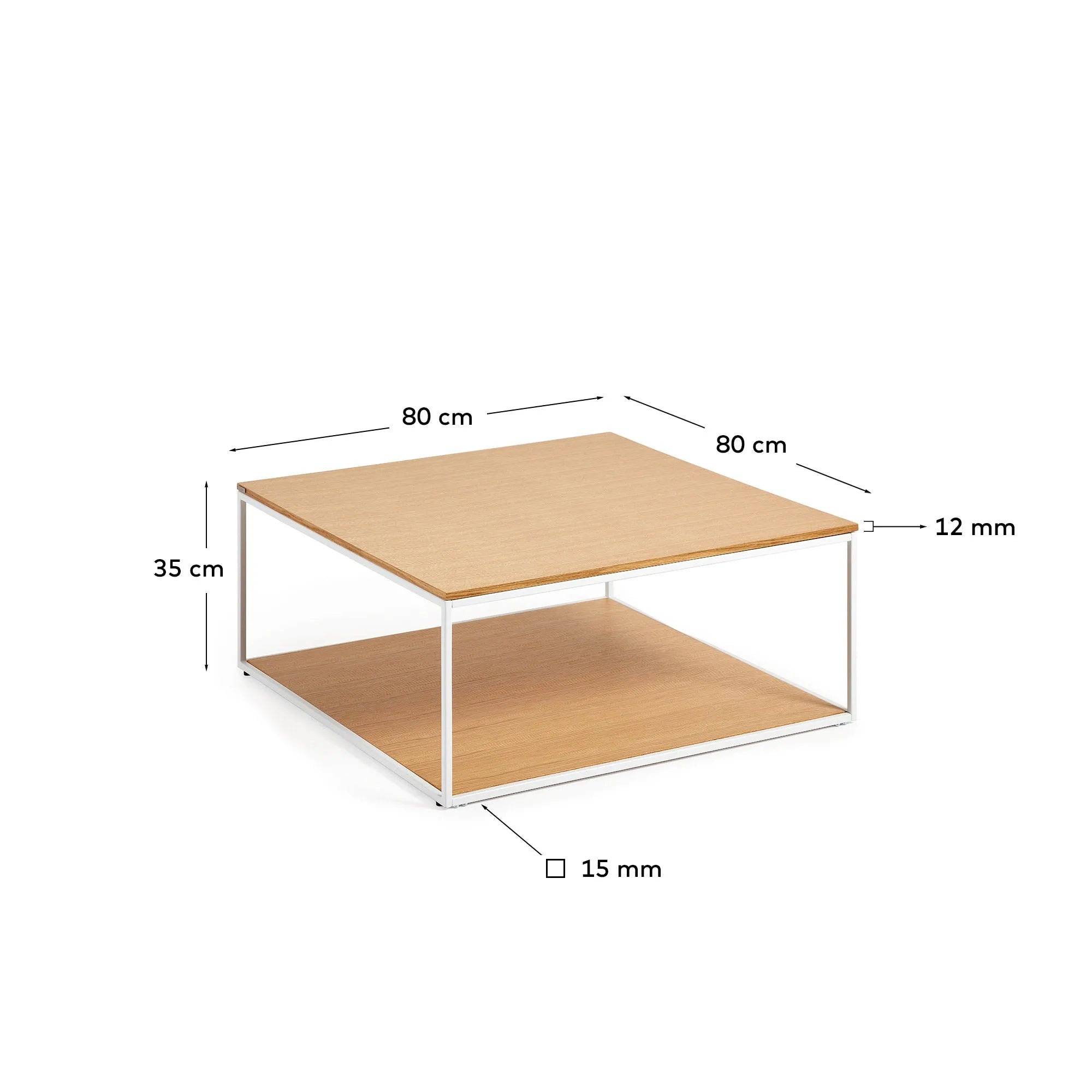 Eleganter Couchtisch mit Eichenfurnier und weißem Metallgestell, 80x80 cm, vereint Stil und Funktionalität.