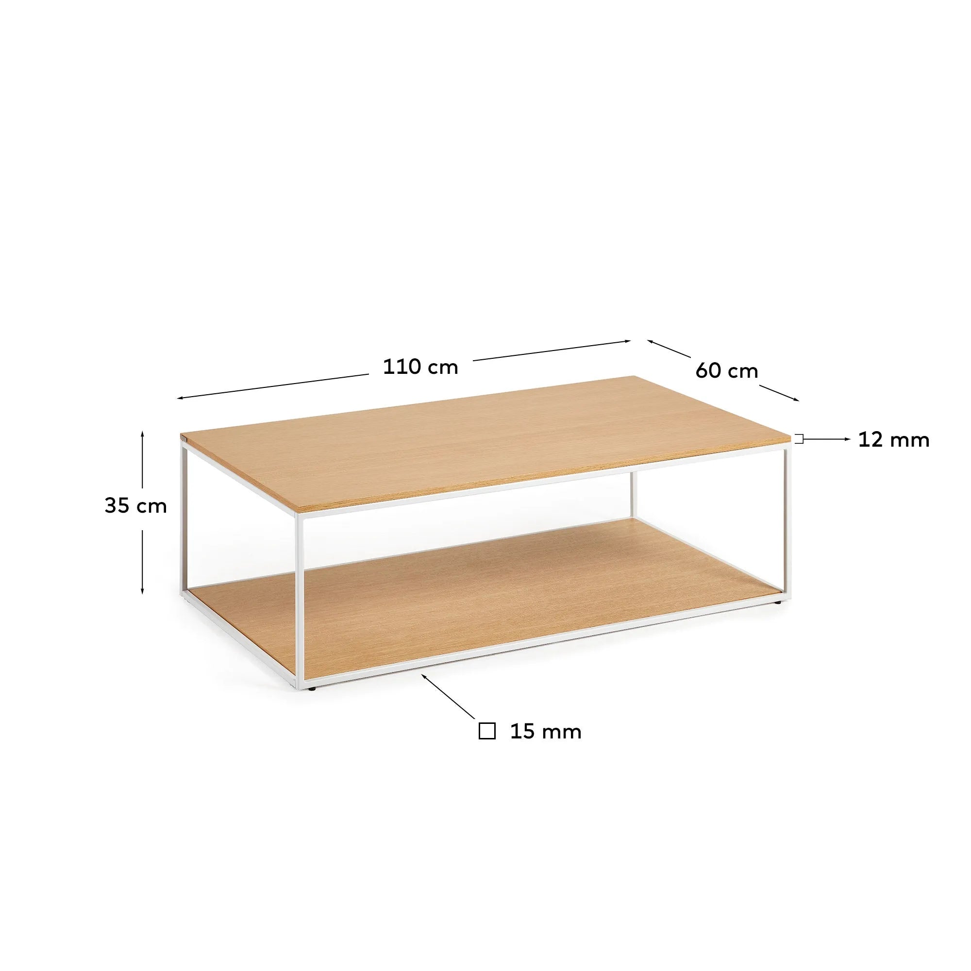 Eleganter Couchtisch aus Eichenfurnier und weißem Metall, 110x60 cm, vereint modernes Design mit Funktionalität.