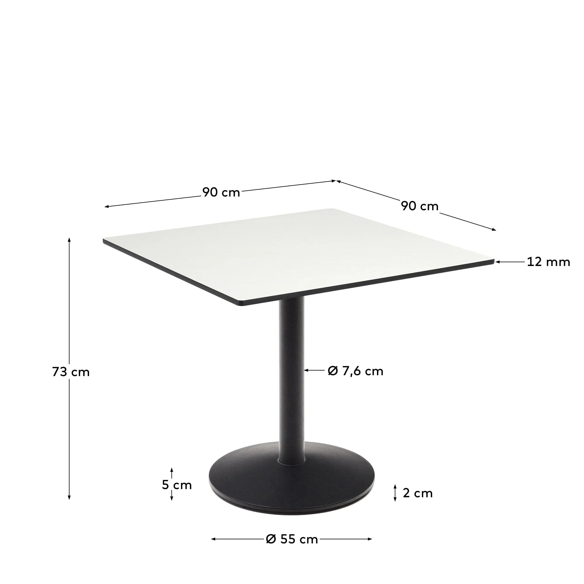 Eleganter Esilda Outdoor-Tisch: Weiß mit schwarzem Metallbein, 90x90x70 cm, robustes HPL, ideal für Terrasse und Garten.