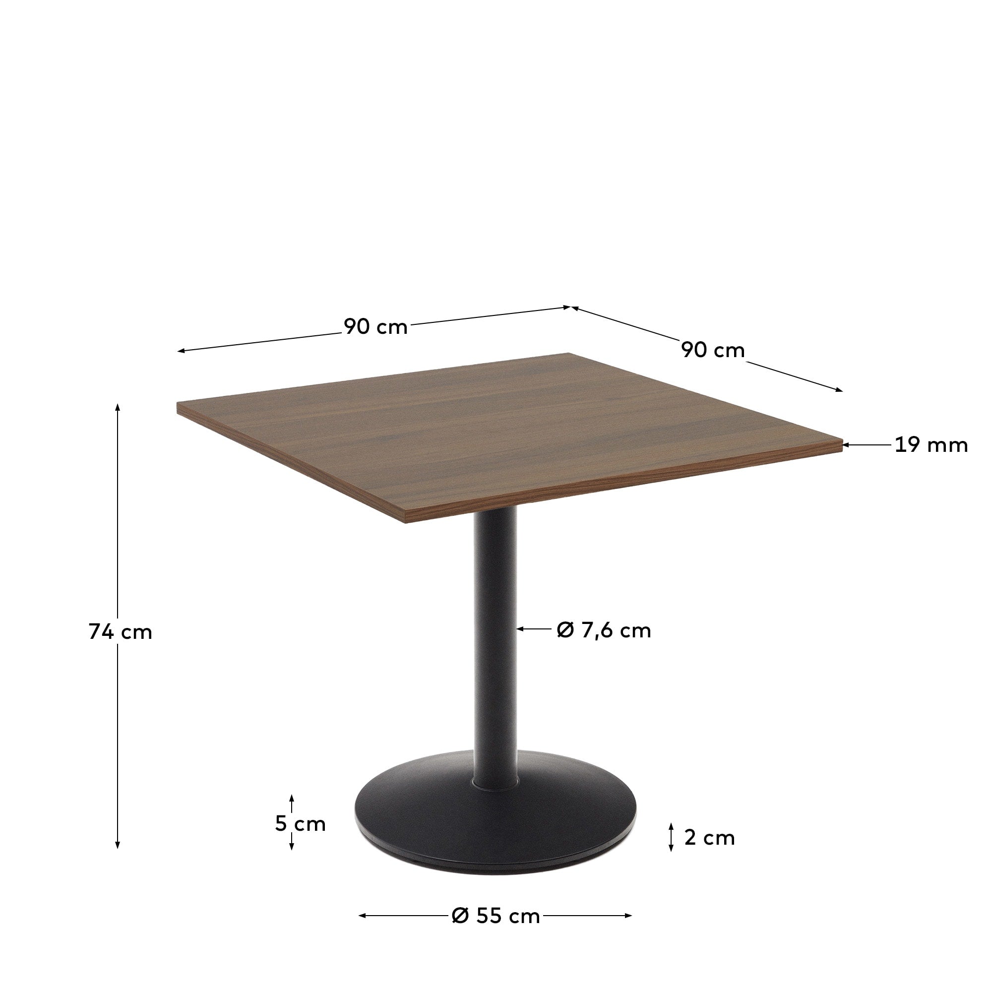 Esilda Tisch aus Melamin in Nussbaumfinish mit schwarz lackiertem Metallbein 90x90x70 cm in Braun präsentiert im Onlineshop von KAQTU Design AG. Esstisch ist von Kave Home