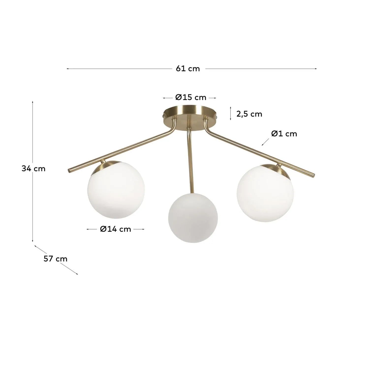 Stilvolle Mahala Lampe: Messing, 3 Glaskugeln, Kave Home Design.