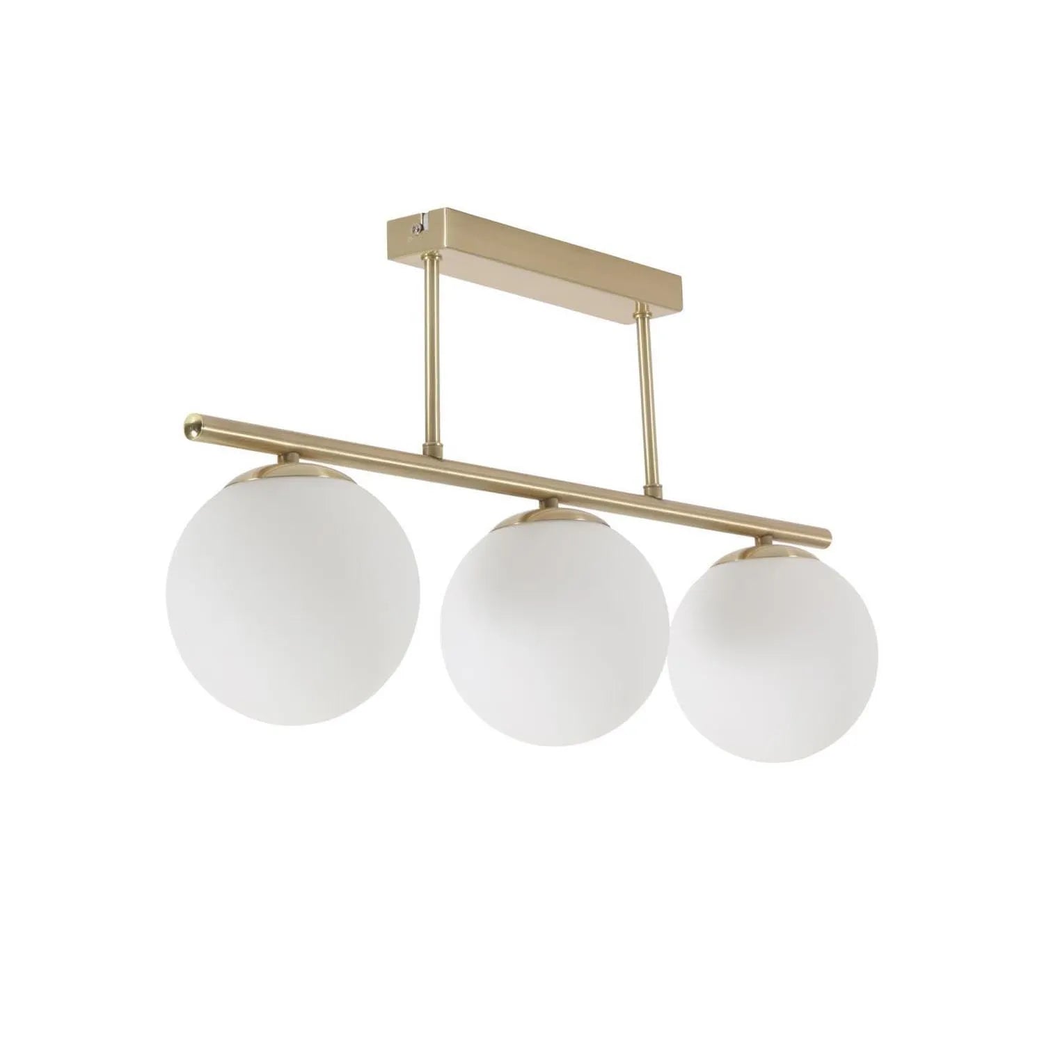 Mahala Deckenlampe mit Stahldetail in Messingausführung mit 3 Milchglaskugeln in Gold, Weiß präsentiert im Onlineshop von KAQTU Design AG. Deckenleuchte ist von Kave Home