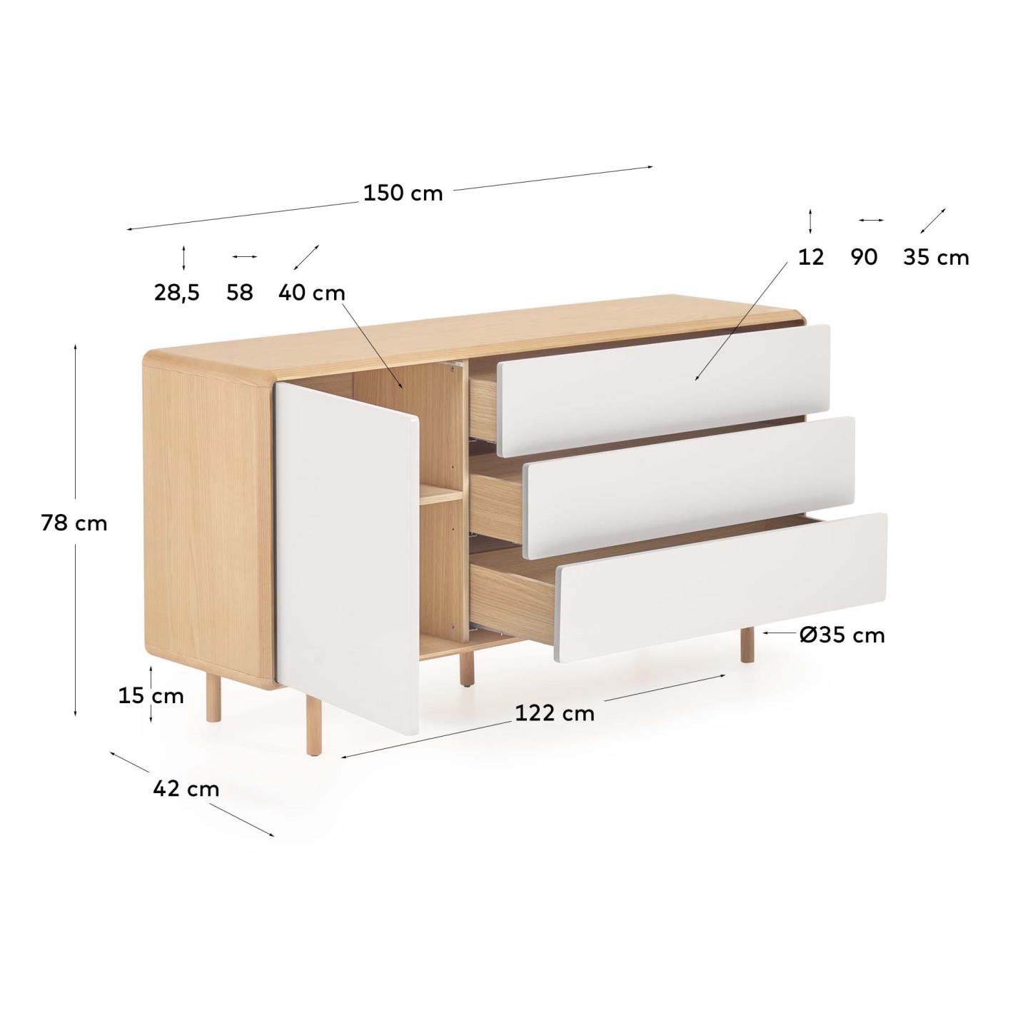 Anielle Sideboard 1 Türe und 3 Schubladen aus Esche massiv und Furnier 150 x 78 cm in Mehrfarbig präsentiert im Onlineshop von KAQTU Design AG. Sideboard ist von Kave Home