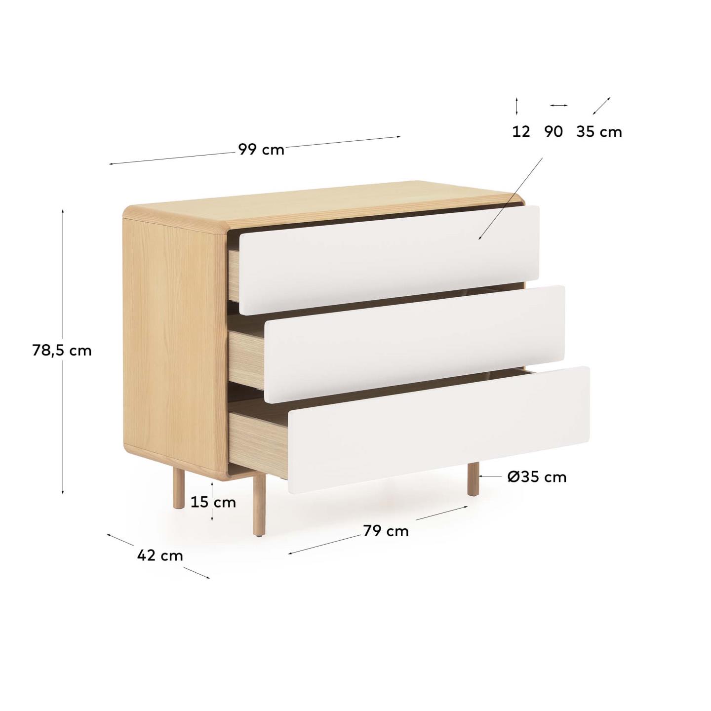 Anielle Kommode mit 3 Schubladen aus massiver Esche und Eschenfurnier 99 x 78,5 cm in Mehrfarbig präsentiert im Onlineshop von KAQTU Design AG. High-Sideboard ist von Kave Home