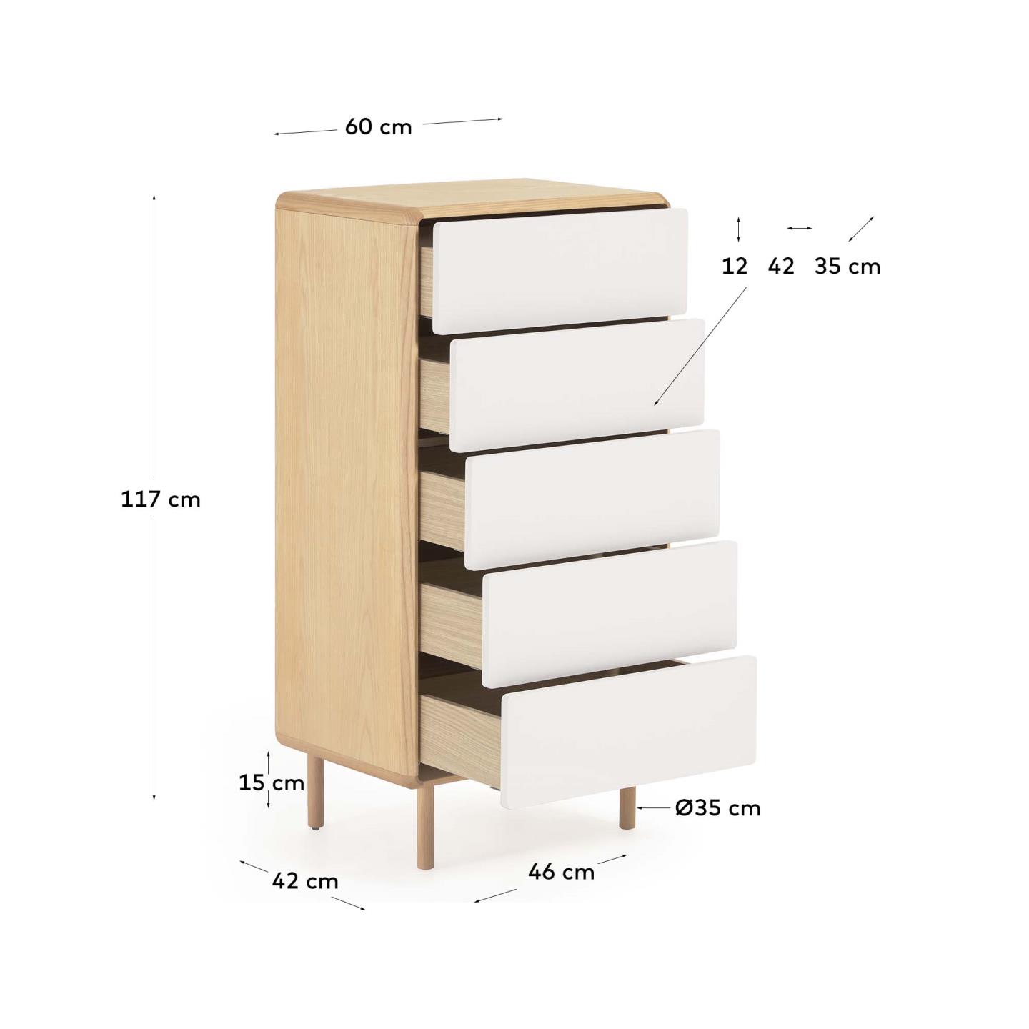 Anielle Kommode mit 5 Schubladen aus massiver Esche und Eschenfurnier 60 x 117 cm in Mehrfarbig präsentiert im Onlineshop von KAQTU Design AG. High-Sideboard ist von Kave Home