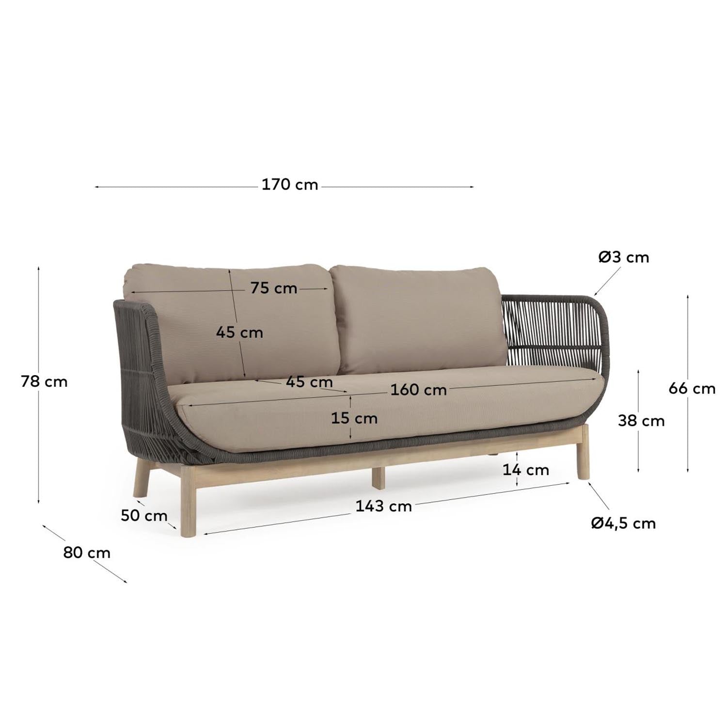 Catalina 3-Sitzer Sofa aus grünem Seil und massivem Akazienholz 170 cm FSC 100% in Grün präsentiert im Onlineshop von KAQTU Design AG. 3er Sofa ist von Kave Home