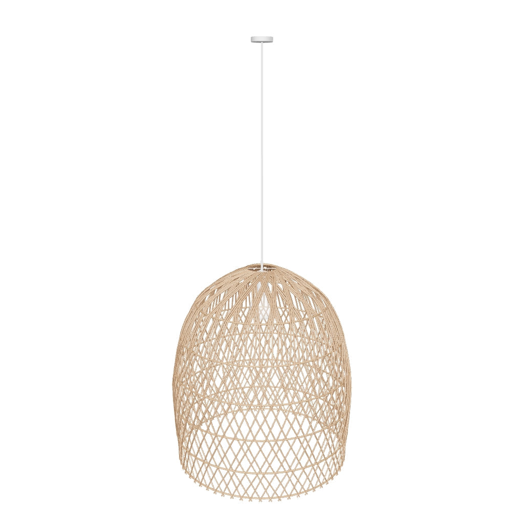 3D-Modell eines handgeflochtenen Rattan-Lampenschirms, Ø 44 cm, natürliches Finish, Boho-Stil, elegant und langlebig.